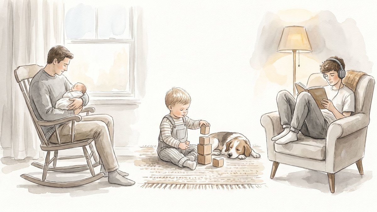 Scènes familiales du quotidien à différents âges, du nourrisson à l'adolescent