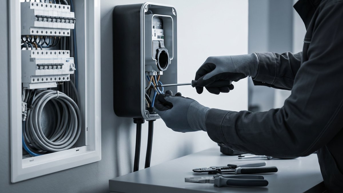 Électricien qualifié IRVE raccordant une borne de recharge murale au tableau électrique d'une maison