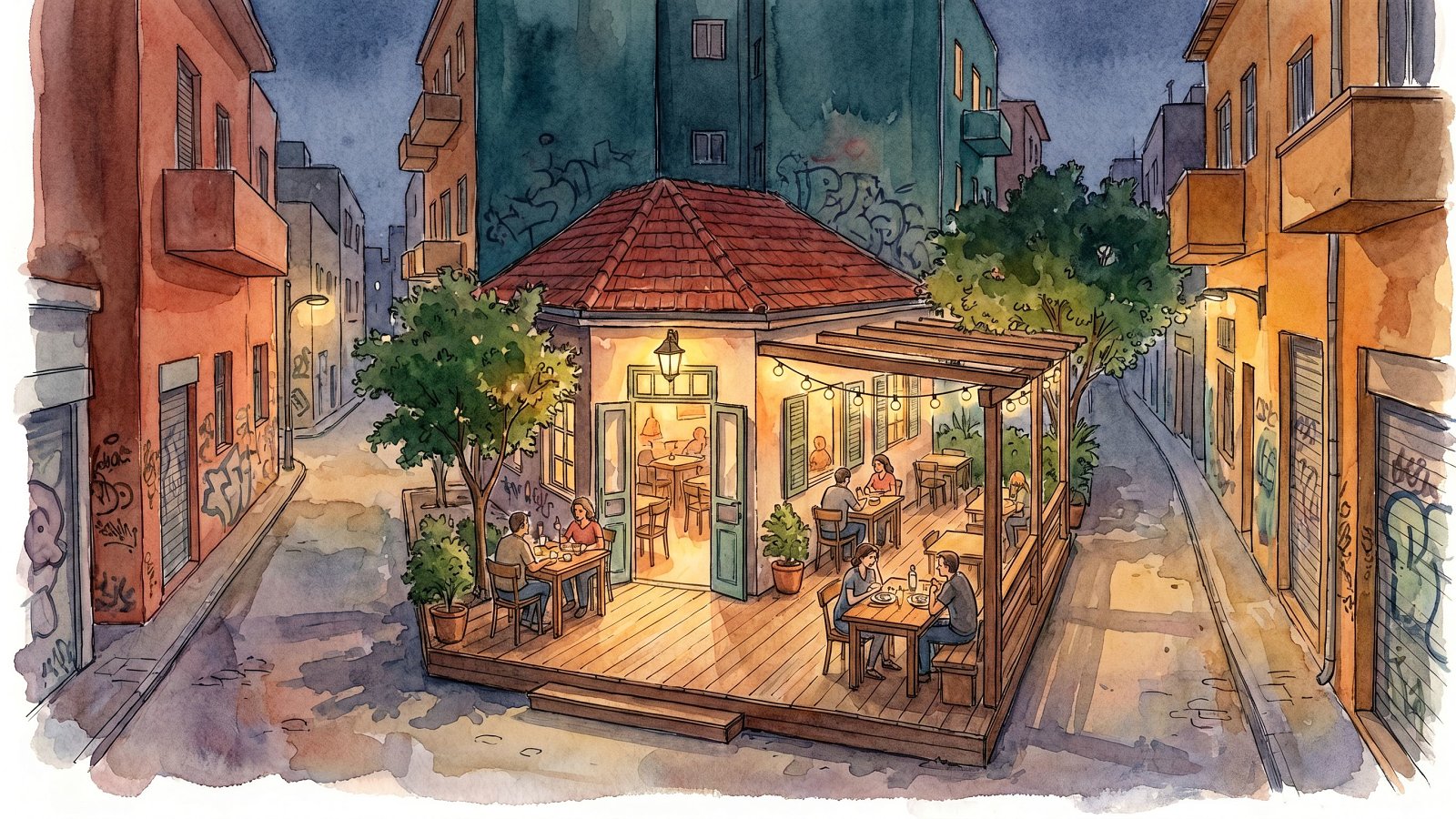 Watercolor of a red-roofed kosher restaurant glowing at dusk in Florentin, Tel Aviv
