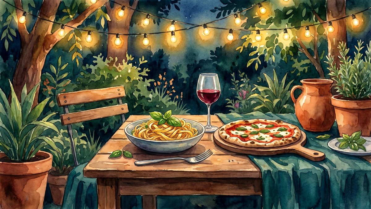 Watercolor of a kosher Italian dining table with pasta and pizza in a Florentin garden at night