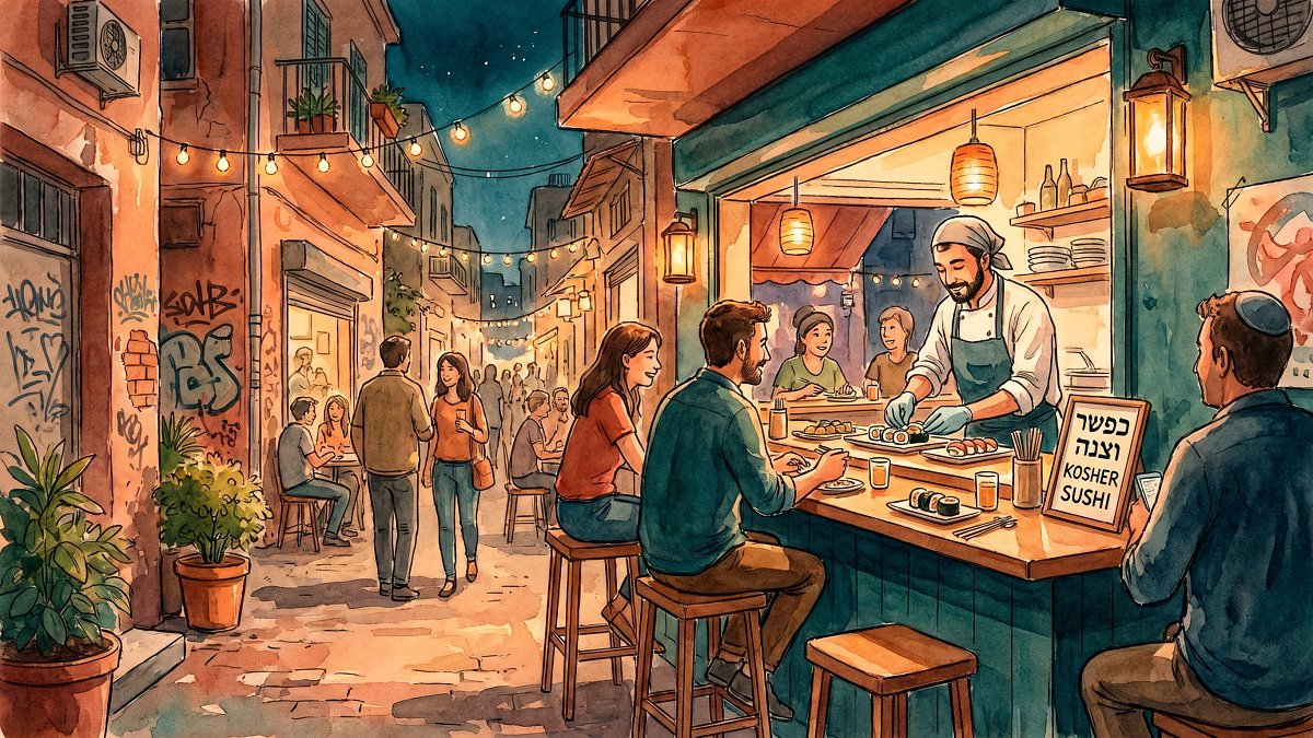 Watercolor of a kosher sushi bar counter with a chef plating rolls in Florentin Tel Aviv