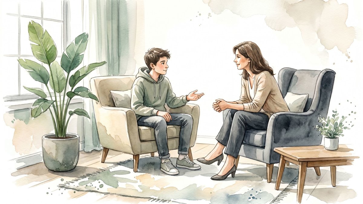 Adolescent en consultation avec un psychologue, parcours de soin apaisé