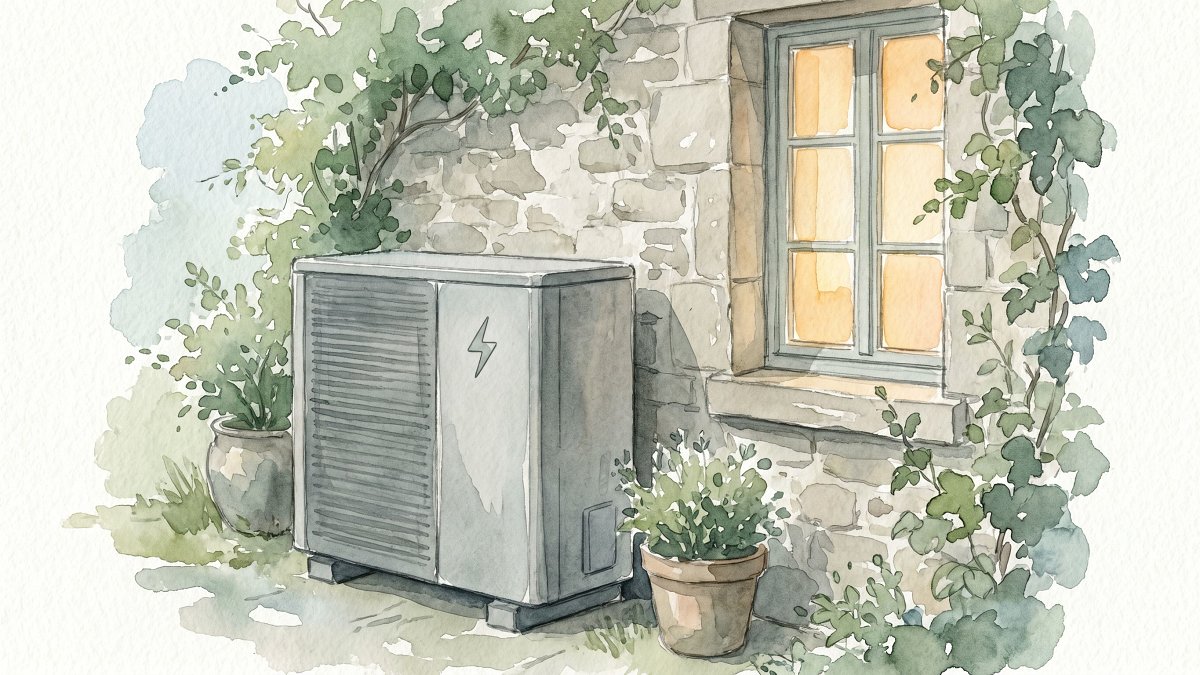 Pompe à chaleur air-eau installée contre la façade d'une maison rénovée