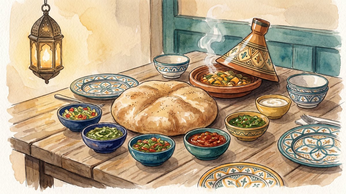Moroccan kosher table with frena bread, salad dips, and a tagine