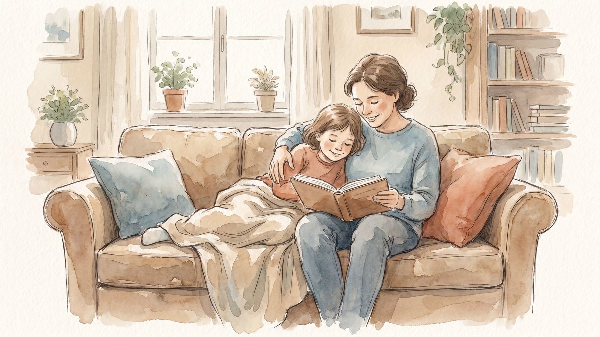 Un parent et son enfant partagent un moment exclusif de lecture sur le canapé