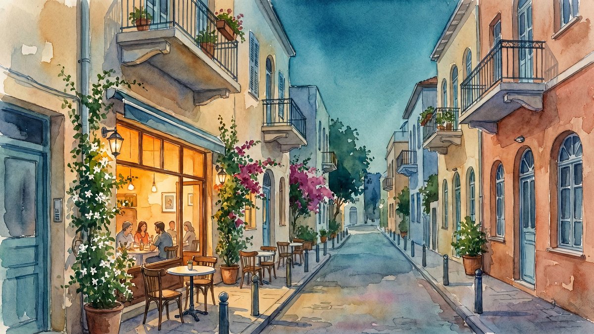 A small Italian dining room on a side street near Gan Hahashmal, lit at dusk