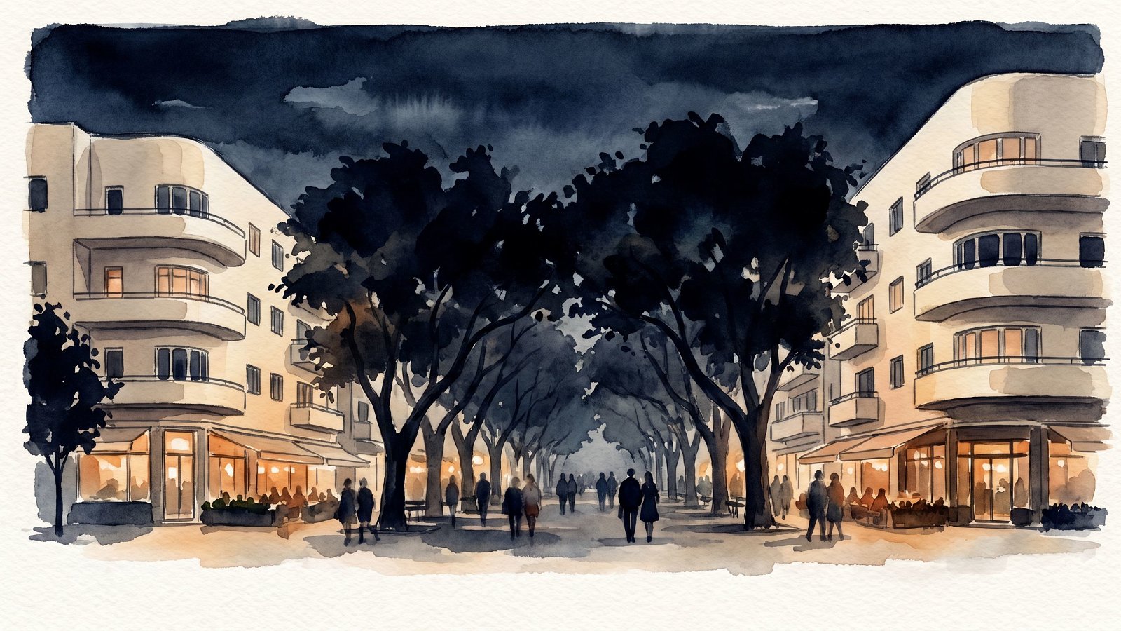 Rothschild Boulevard in Tel Aviv at night, warm light from dining rooms among Bauhaus facades