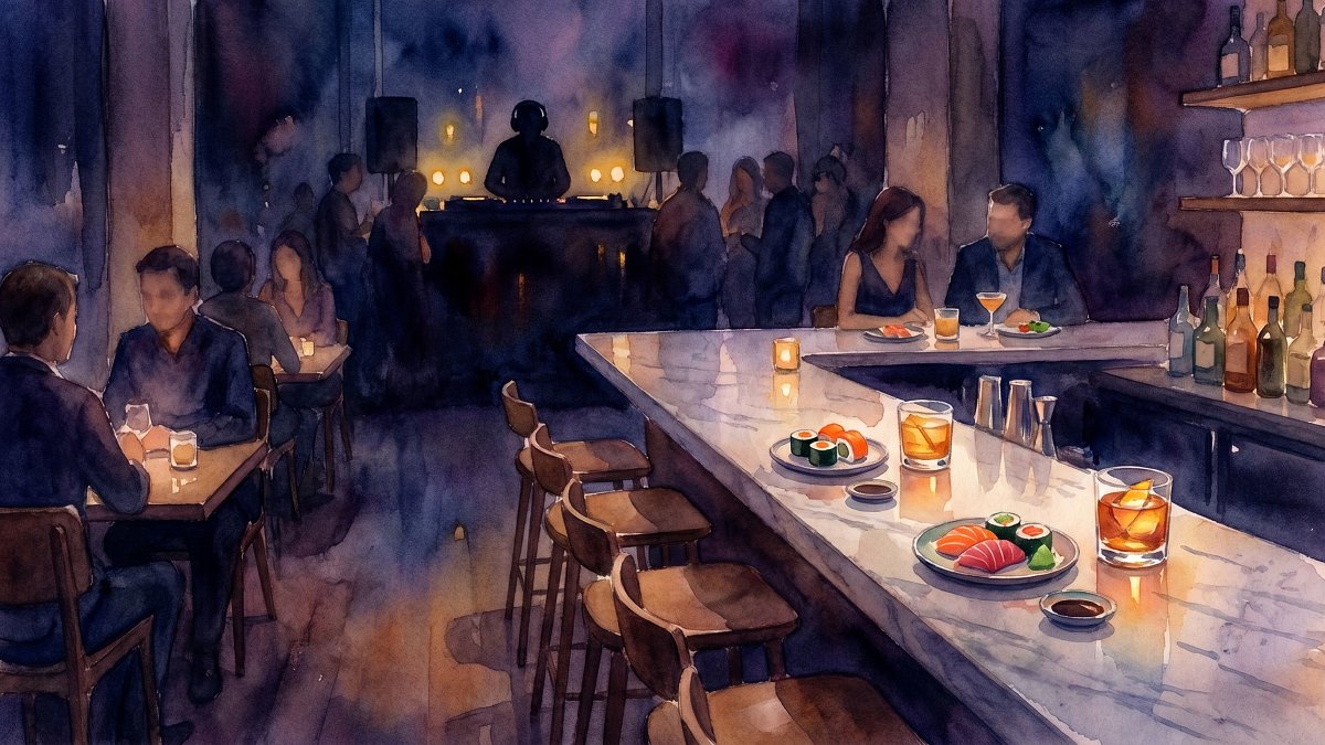 Inside a dim-lit kosher dairy Asian bar with a glowing DJ booth and sushi on the counter