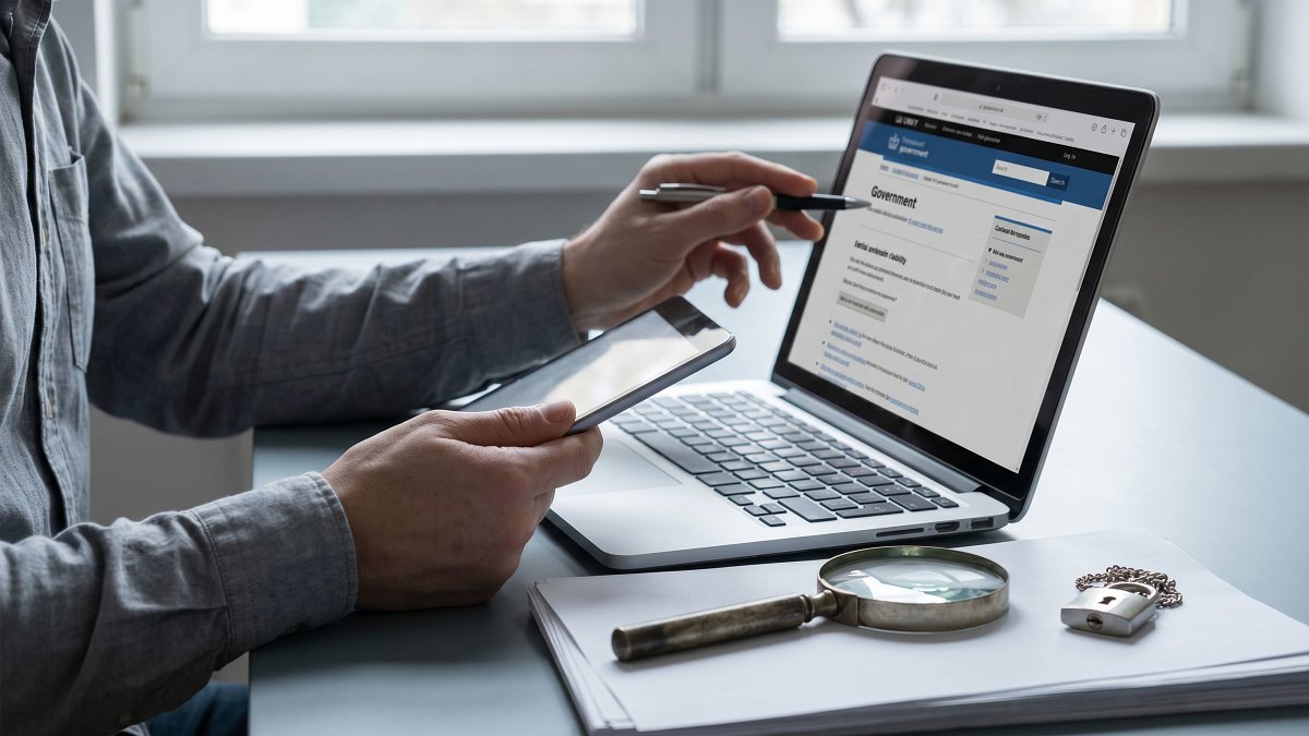 Vérification d'une information sur une tablette face au site d'un régulateur financier