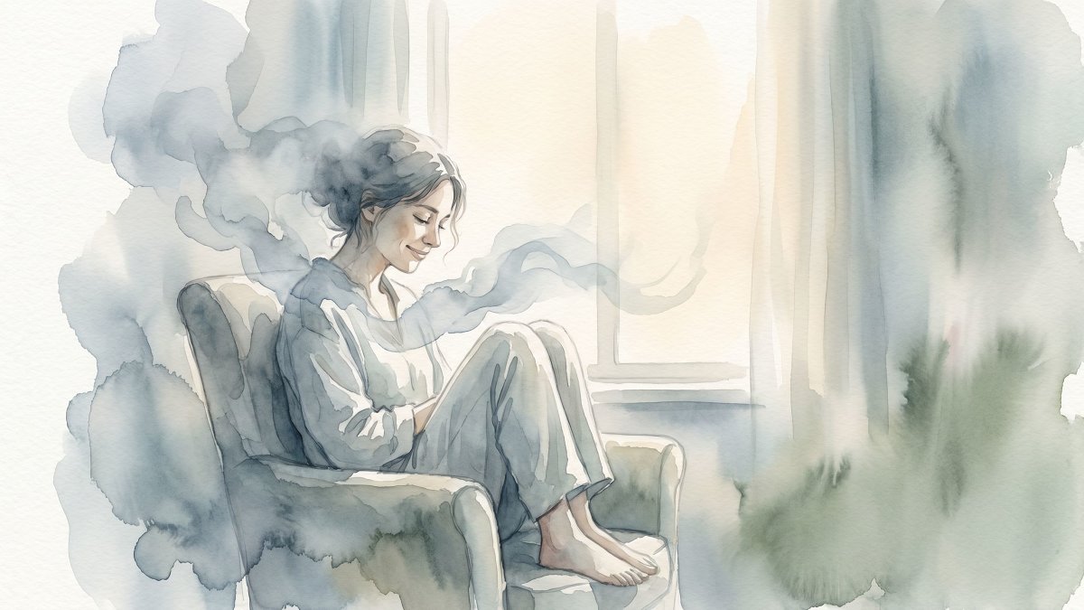 Personne assise dans une pièce calme, la brume se dissipant peu à peu, image de la prise de conscience face à l'emprise psychologique