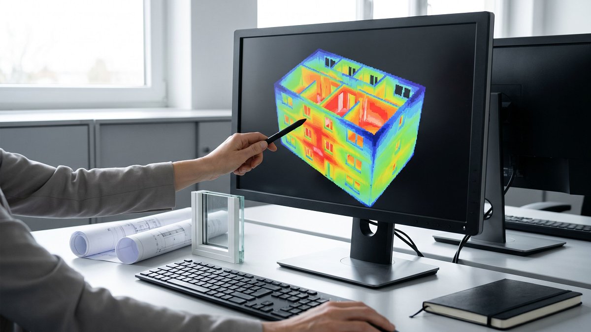 Modèle thermique 3D d'un bâtiment avec zones colorées lors d'une simulation thermique dynamique