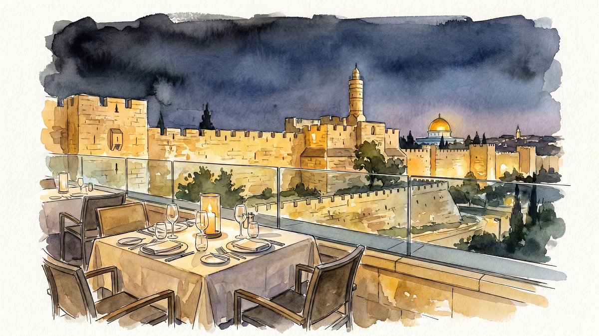 Rooftop terrace table in Jerusalem at twilight facing the floodlit Old City walls and the Tower of David