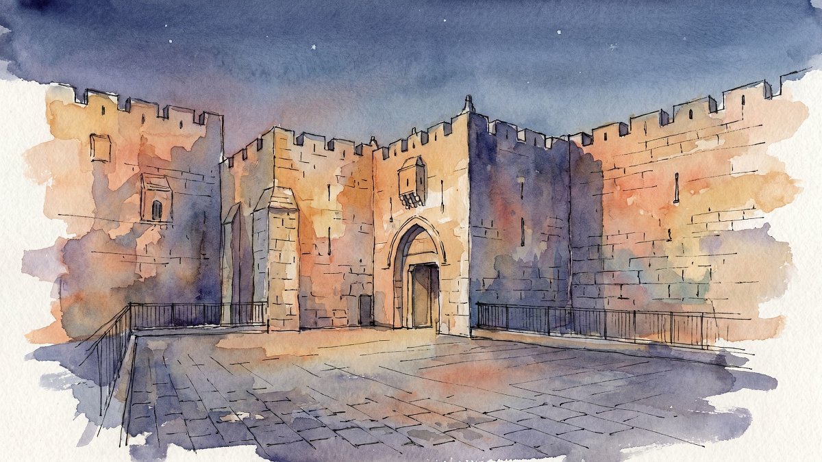 The Jaffa Gate and Old City ramparts of Jerusalem illuminated at dusk above a quiet stone plaza