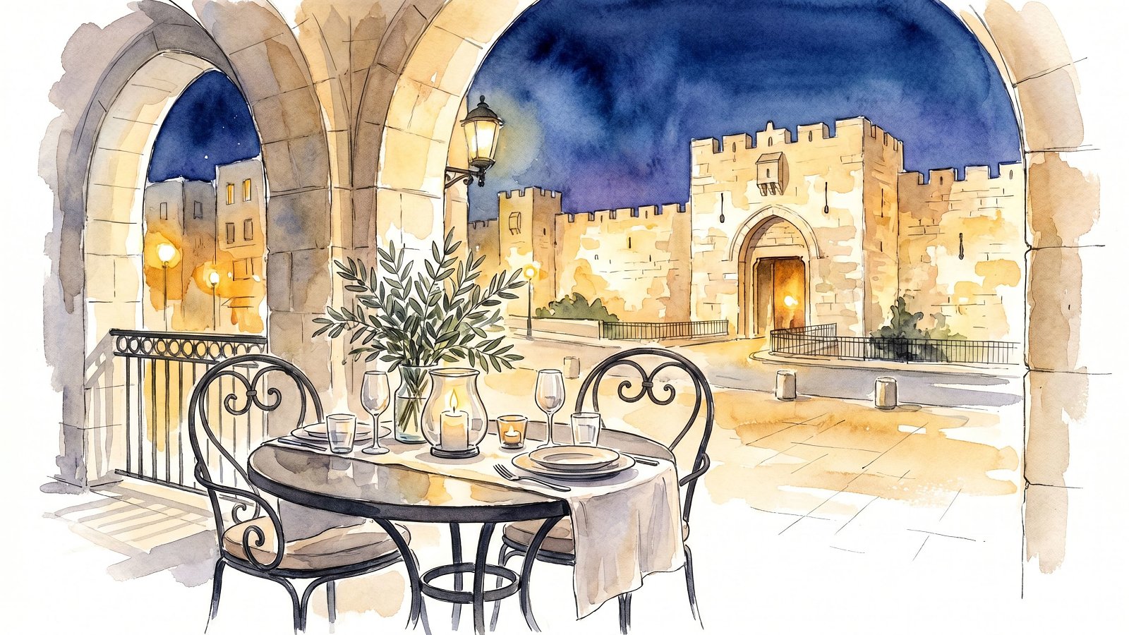 Mamilla promenade at dusk leading toward the floodlit Old City walls of Jerusalem