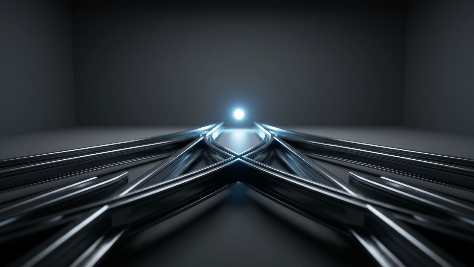 Polished payment rails converging on a point of light, representing instant stablecoin settlement