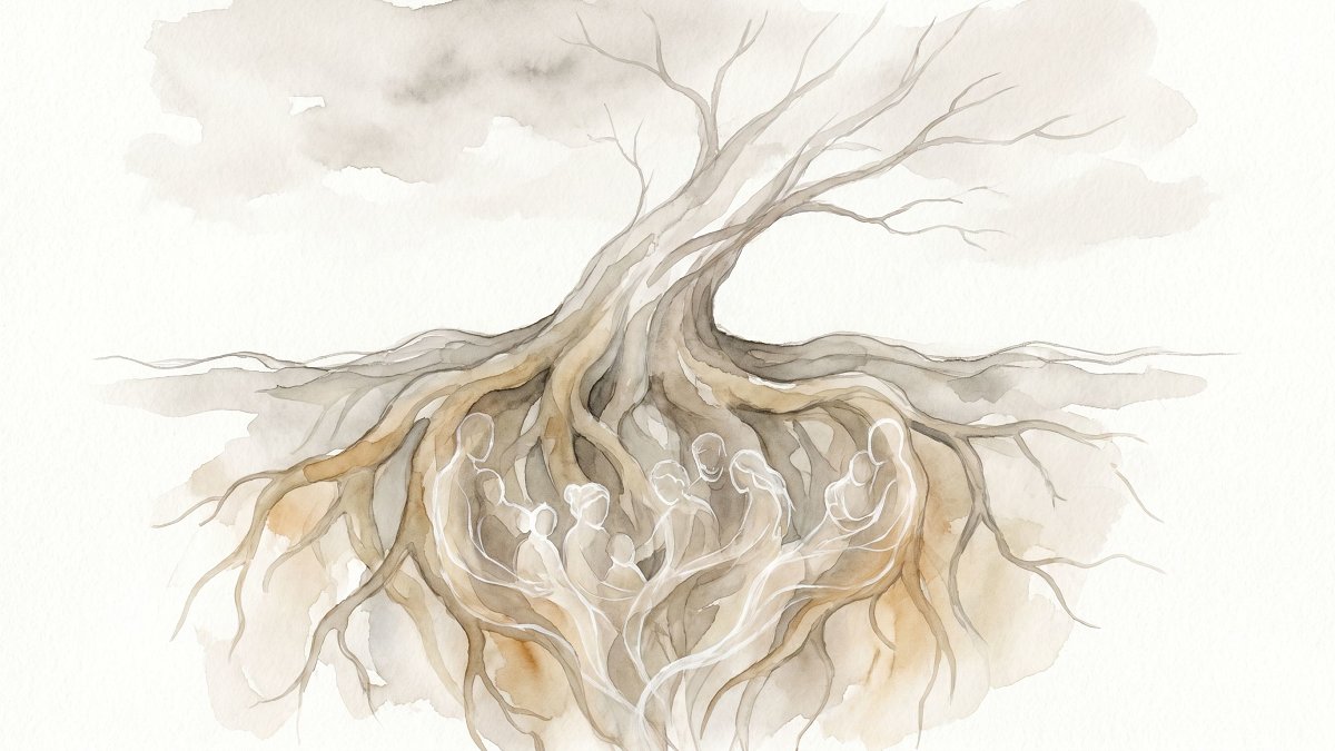 Racines d'arbre entrelacées à l'aquarelle symbolisant la transmission entre générations