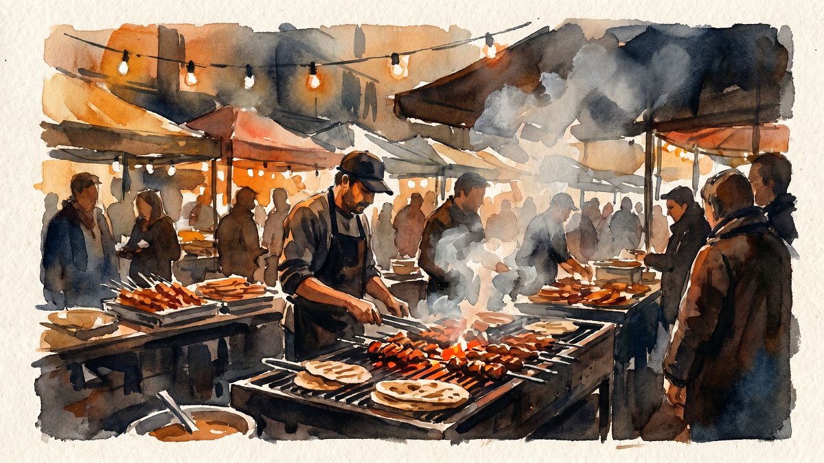 Kosher Turkish charcoal grill counter inside the Machane Yehuda market at night