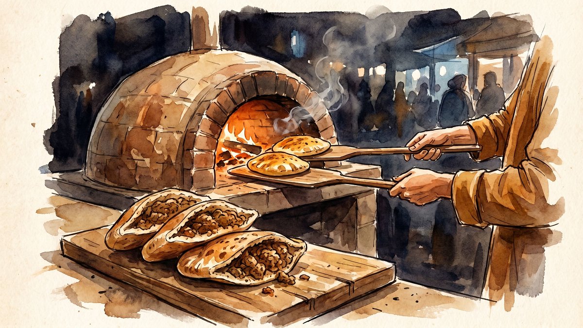 Wood-fired brick oven baking stuffed arais pita at a Jerusalem market stall