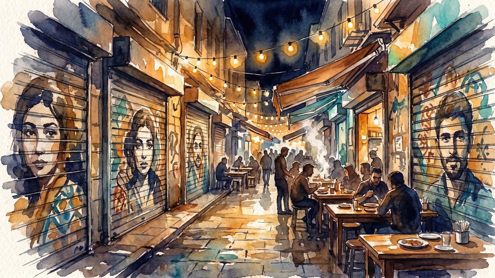 Machane Yehuda market alley at night with lit painted shutters and diners at small tables