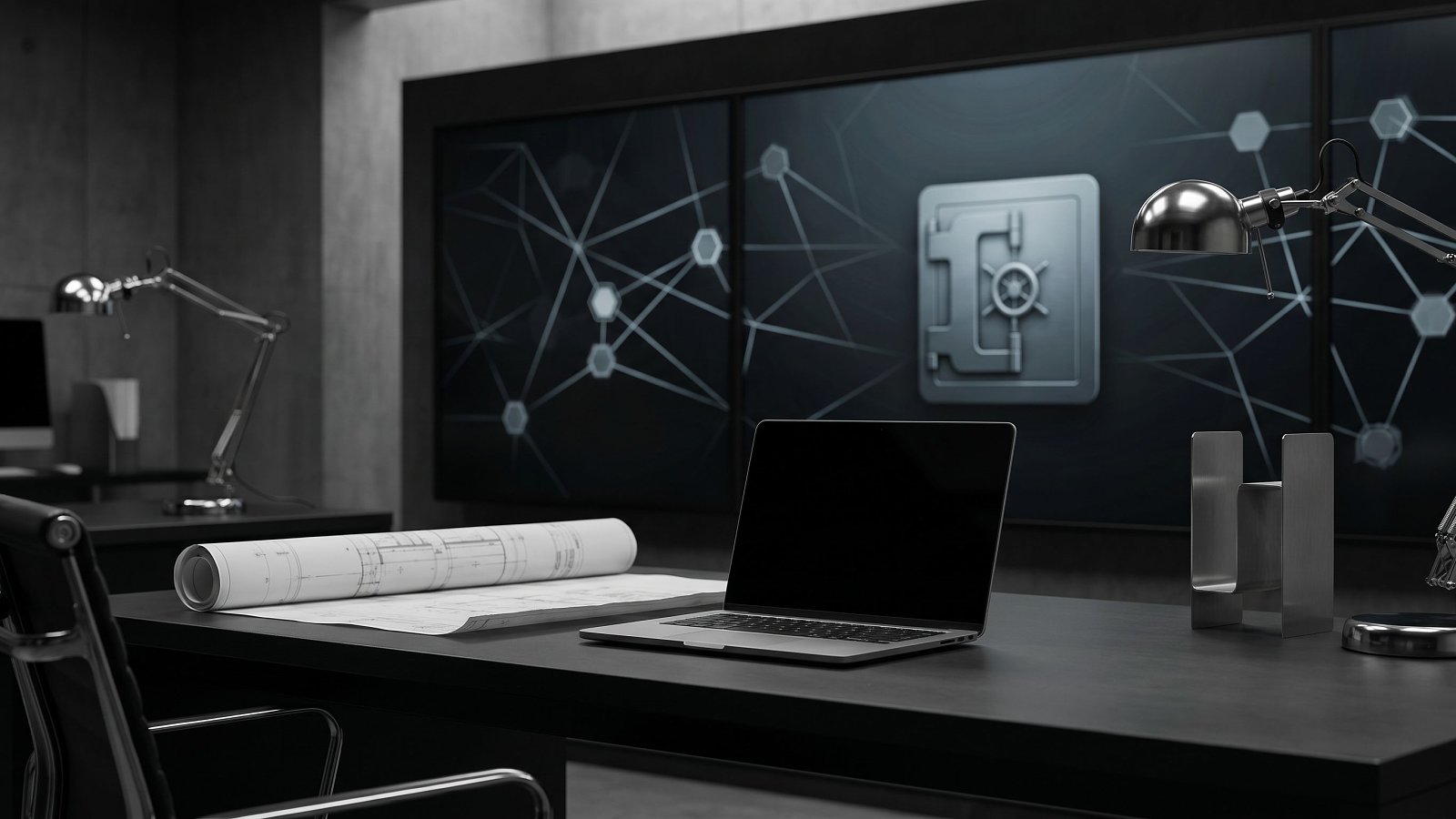 Minimalist engineering scene evoking smart contract architecture and security