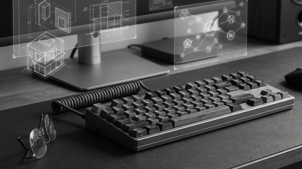 Software engineering workspace with holographic contract architecture diagrams