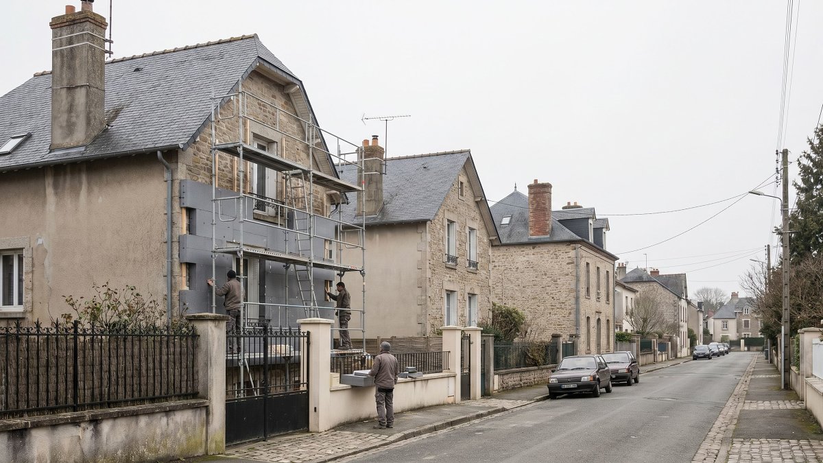 Rue résidentielle française avec une maison en cours de rénovation énergétique sous échafaudage