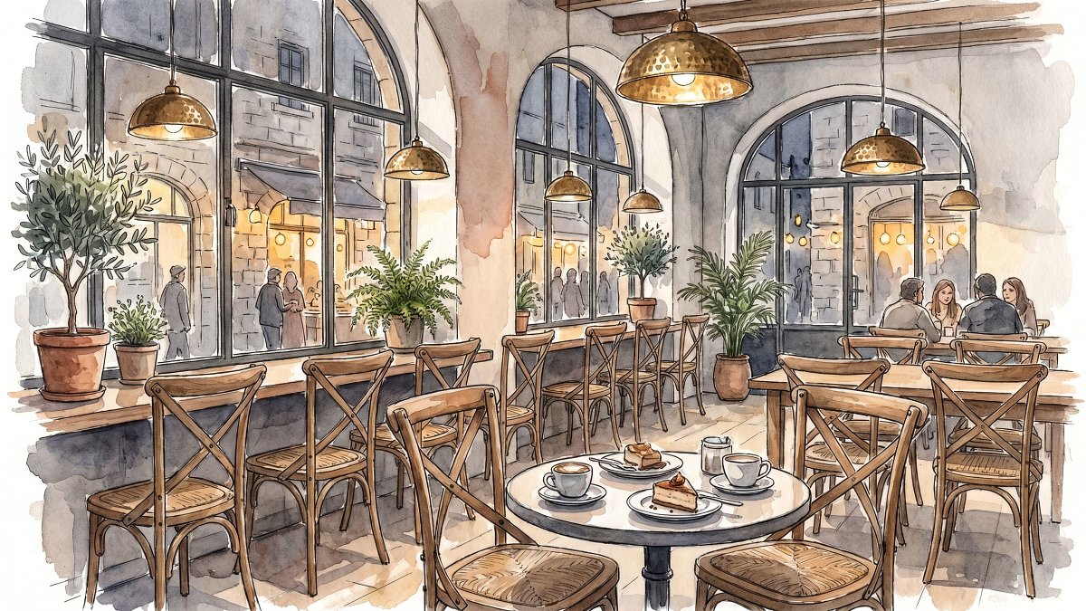 Design-forward kosher dairy cafe interior in Baka, Jerusalem