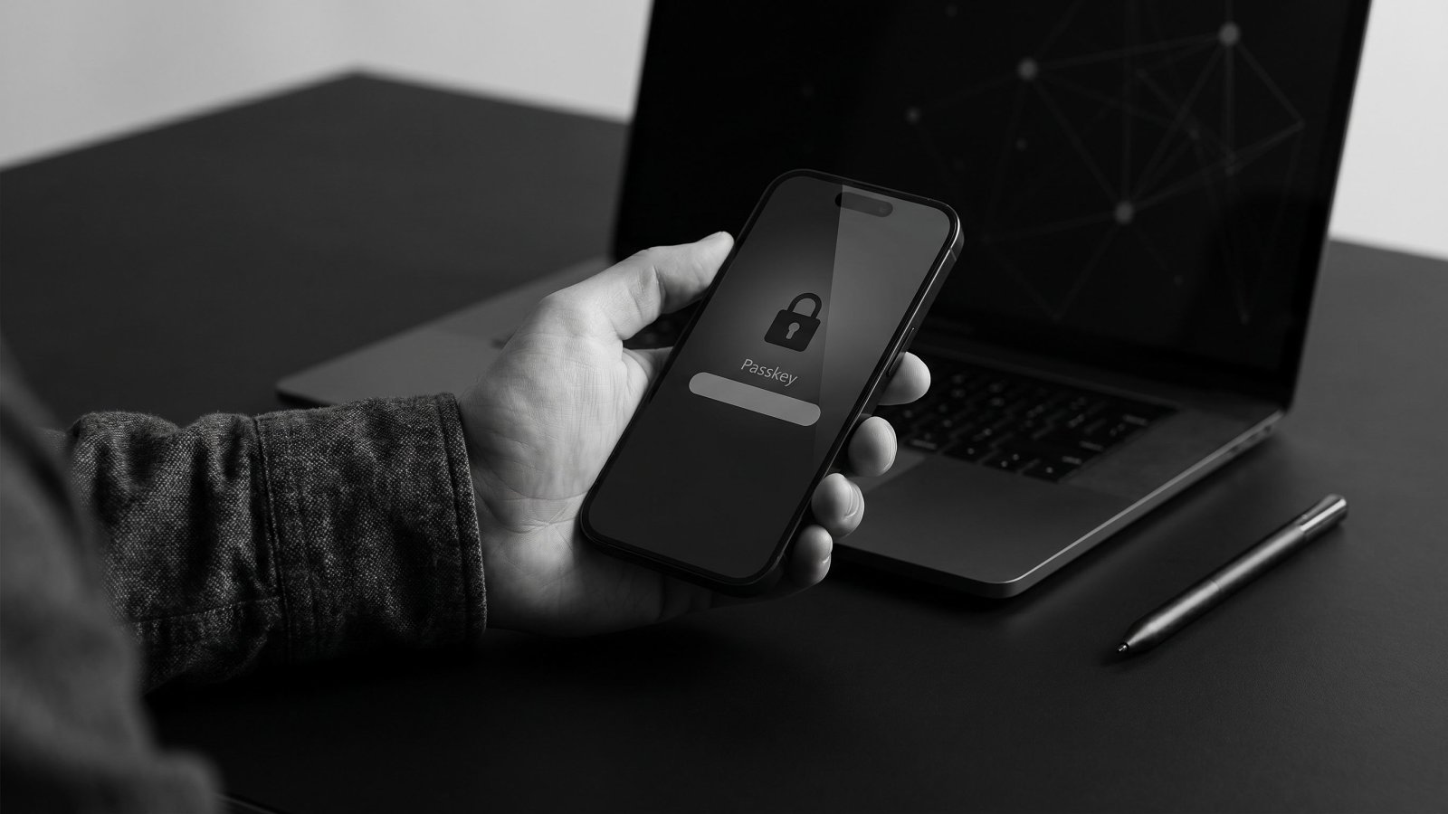 Smartphone showing a seedless wallet login beside a laptop with account-graph nodes