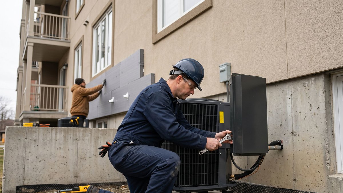Technicien RGE installant une pompe à chaleur collective sur une copropriété
