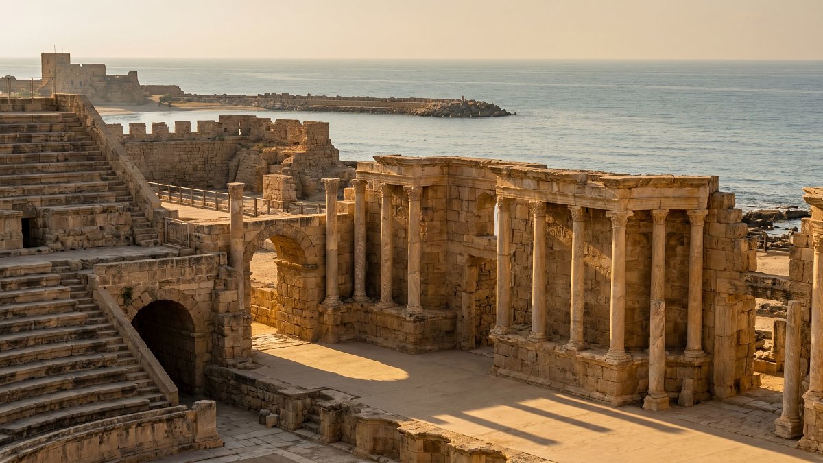 Roman theatre and harbor ruins of Caesarea National Park in late afternoon light
