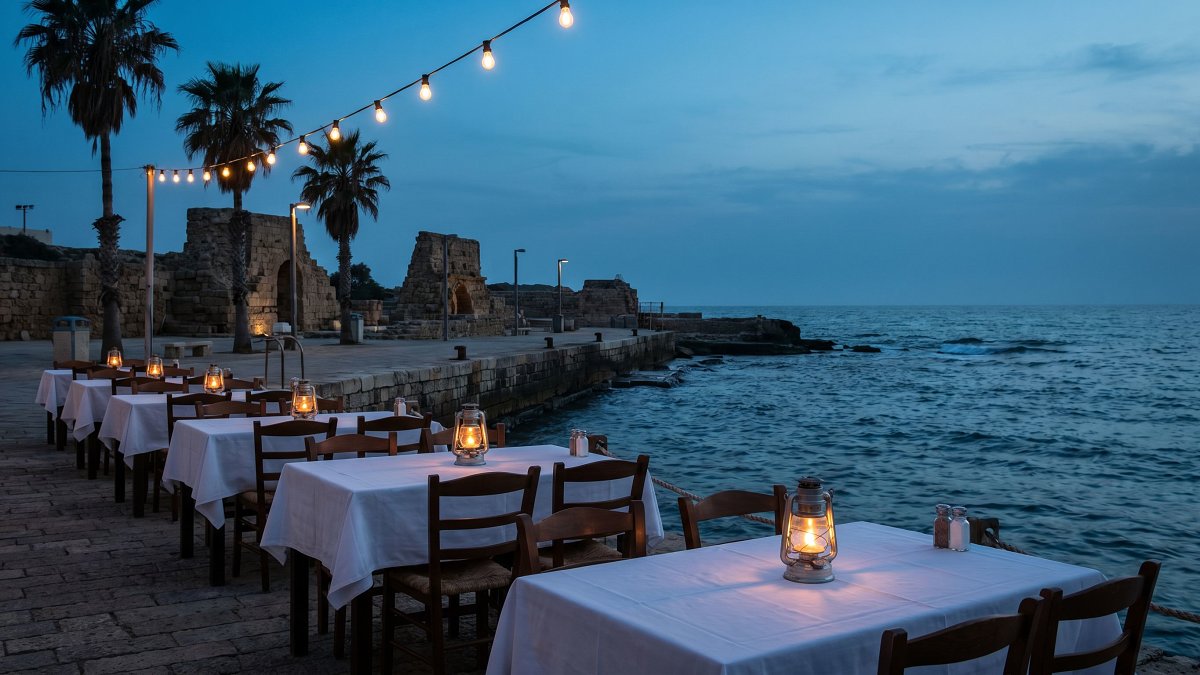 Sea-facing kosher restaurant terrace on the Caesarea harbor promenade at dusk