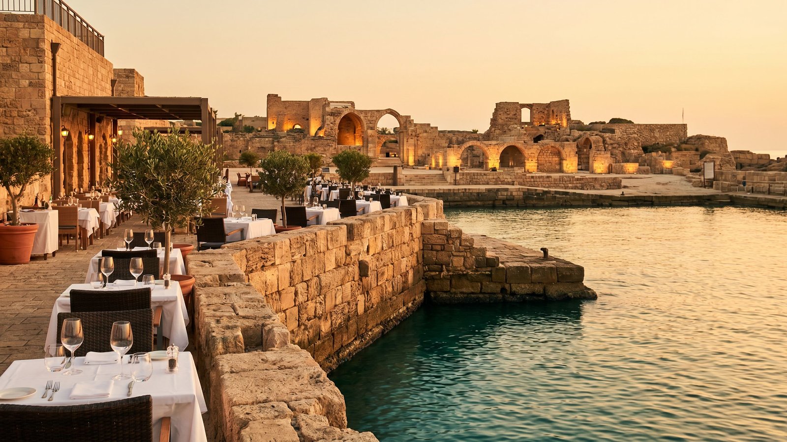 Caesarea restored harbor at golden hour with kosher restaurant terraces beside the ancient ruins