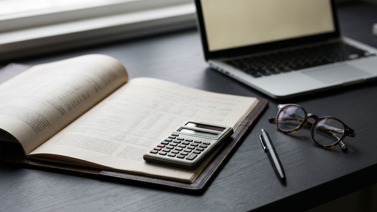 Bureau avec contrat de prévoyance, calculatrice et lunettes pour calibrer sa garantie