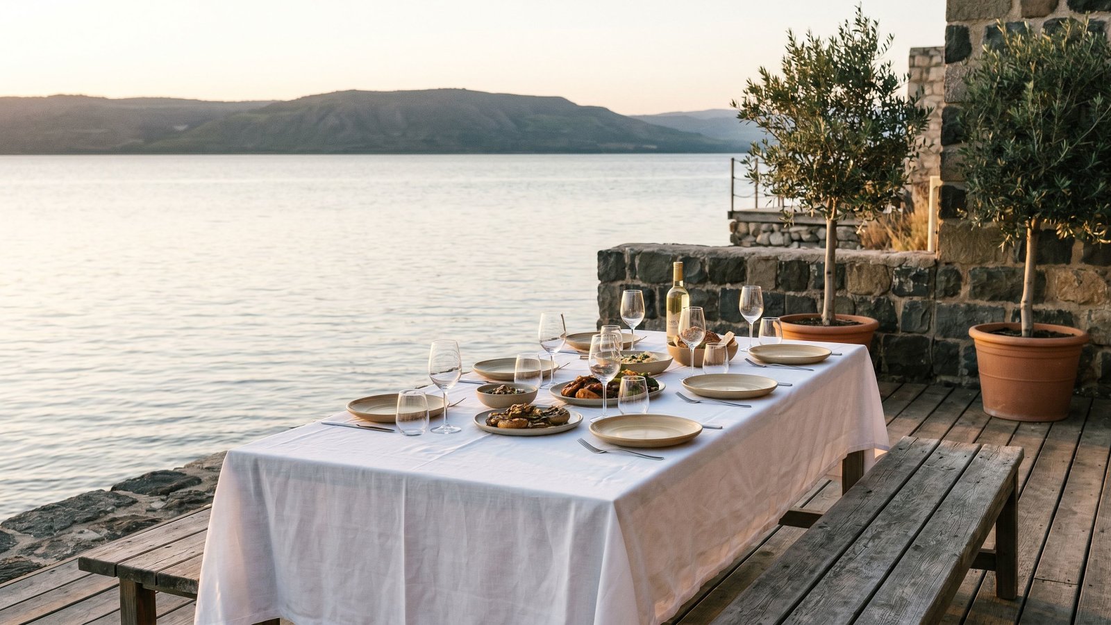 Shoreline kosher chef table set at golden hour on the Sea of Galilee near Tiberias