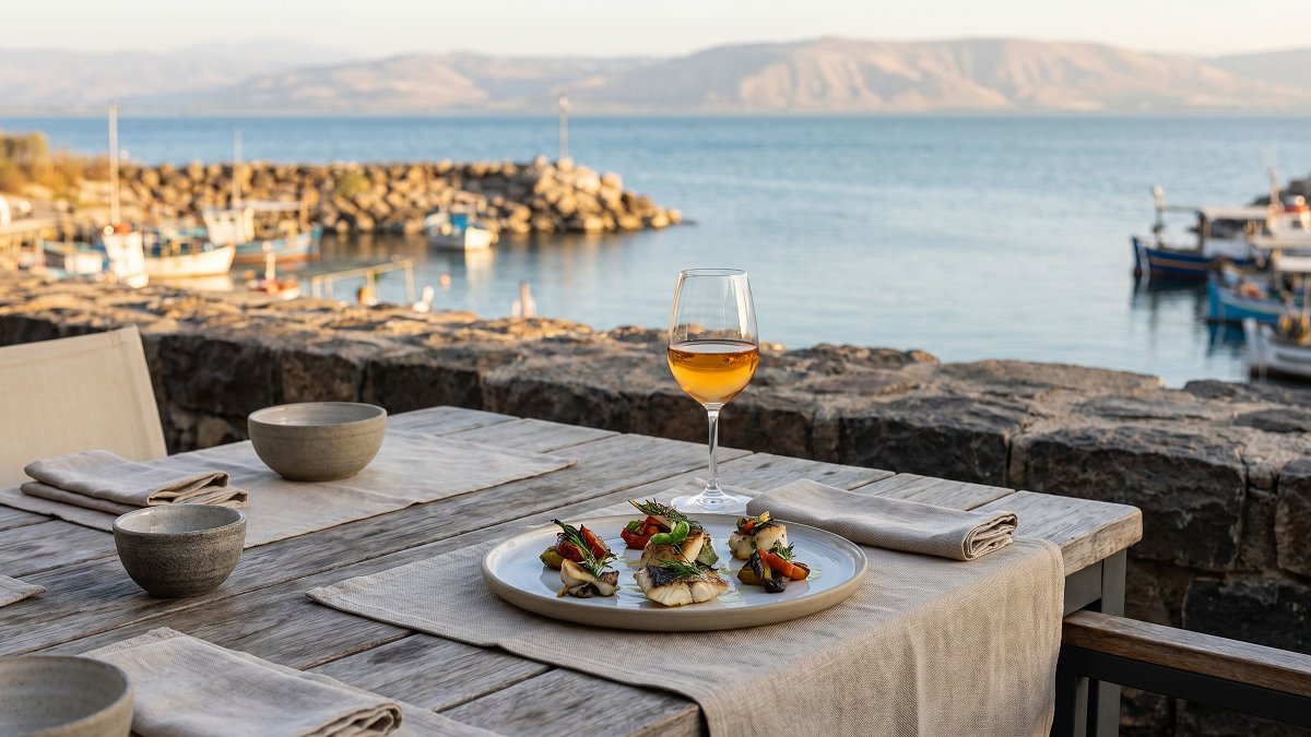 A kosher tasting-menu plate and wine glass on a shoreline terrace table in Tiberias