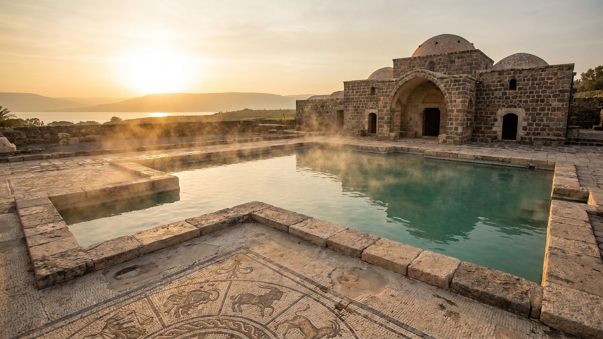 Thermo-mineral pools and ancient mosaic at Hamat Tiberias National Park
