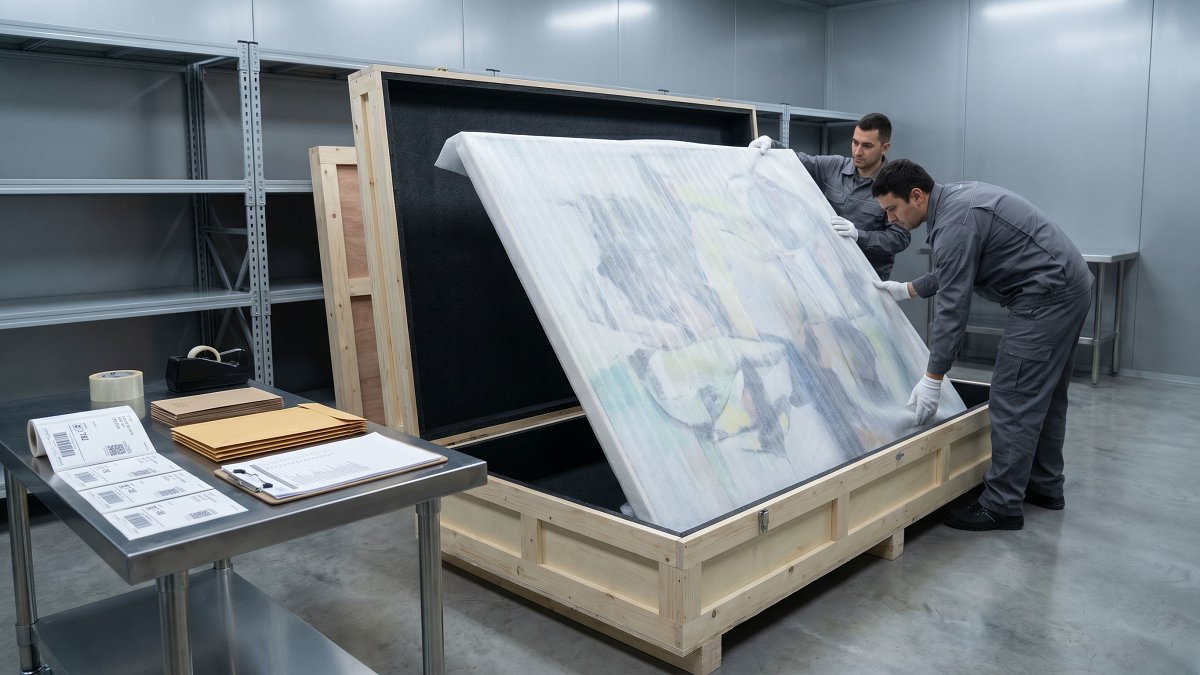 Emballage professionnel d'une œuvre d'art dans une caisse avant expédition assurée