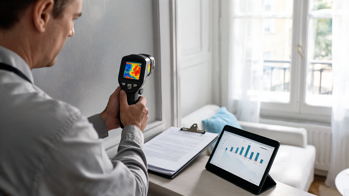 Technicien réalisant un audit énergétique avec une caméra thermique dans une maison