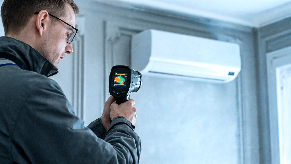 Auditeur énergétique utilisant une caméra thermique sur un mur intérieur avant travaux