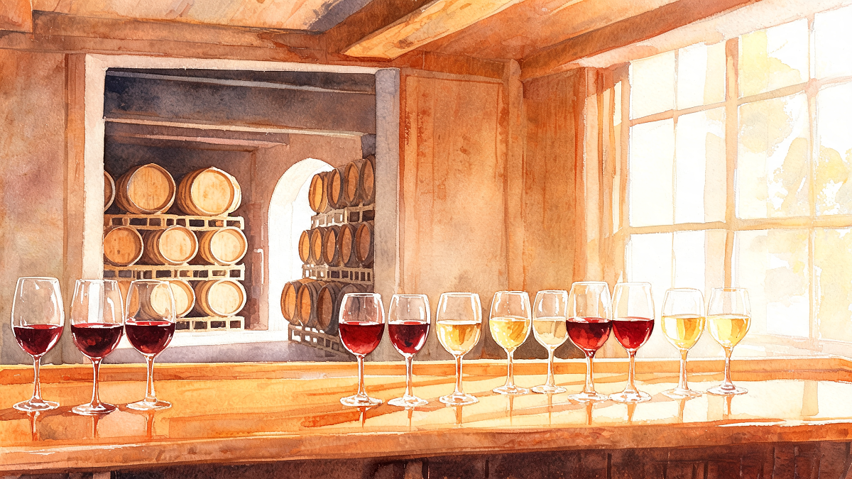 Interior of a kosher winery tasting room with an oak-barrel cellar and glasses of red and white wine on a wooden counter