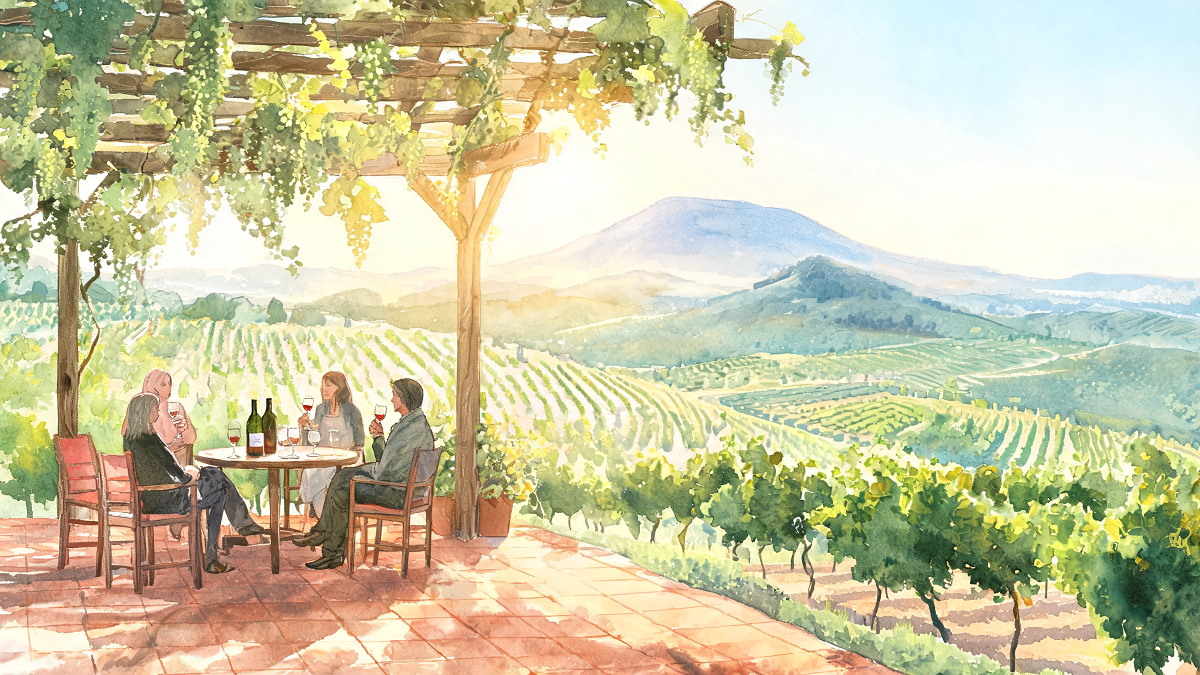 A boutique winery patio in the Lower Galilee at the foothills of Mount Tabor, with a seated tasting under a pergola and vineyards beyond