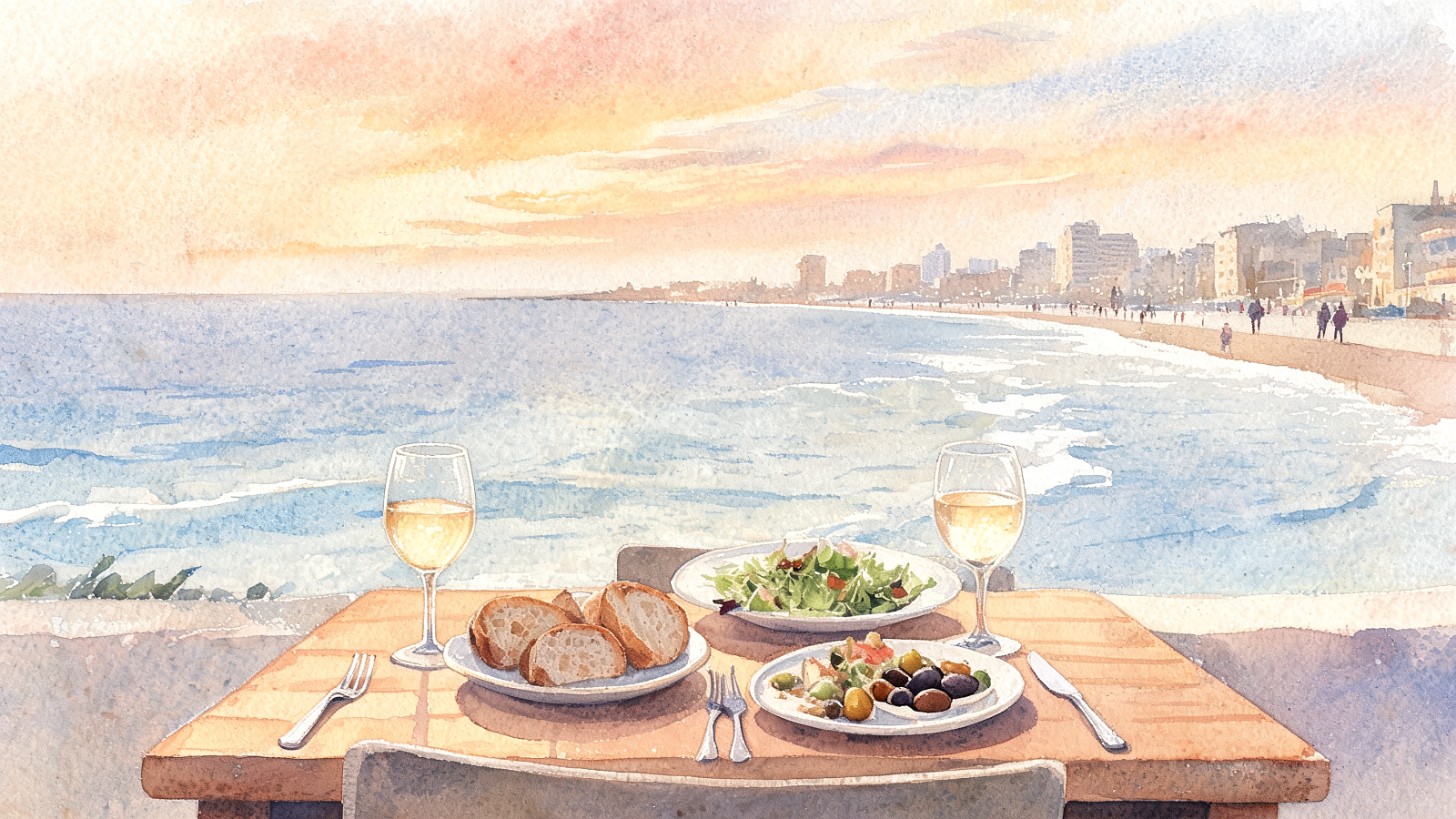 Watercolor illustration of a curated kosher evening in Tel Aviv, a table for two by the Mediterranean at sunset