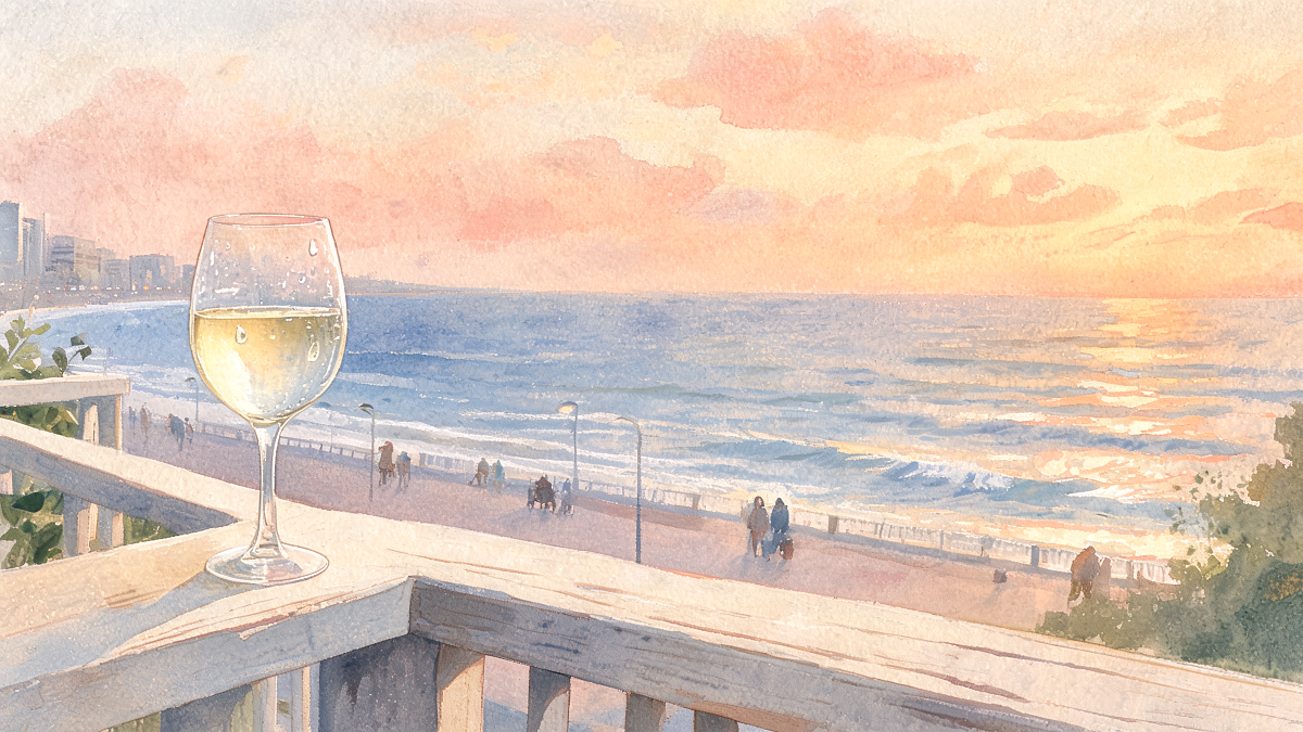 Watercolor illustration of a glass of white wine on a balcony above the Tel Aviv seafront promenade at sunset