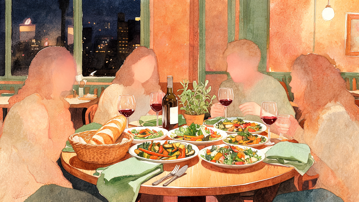 Watercolor illustration of a shared kosher dinner table for a small group in a warm-lit Tel Aviv restaurant at night