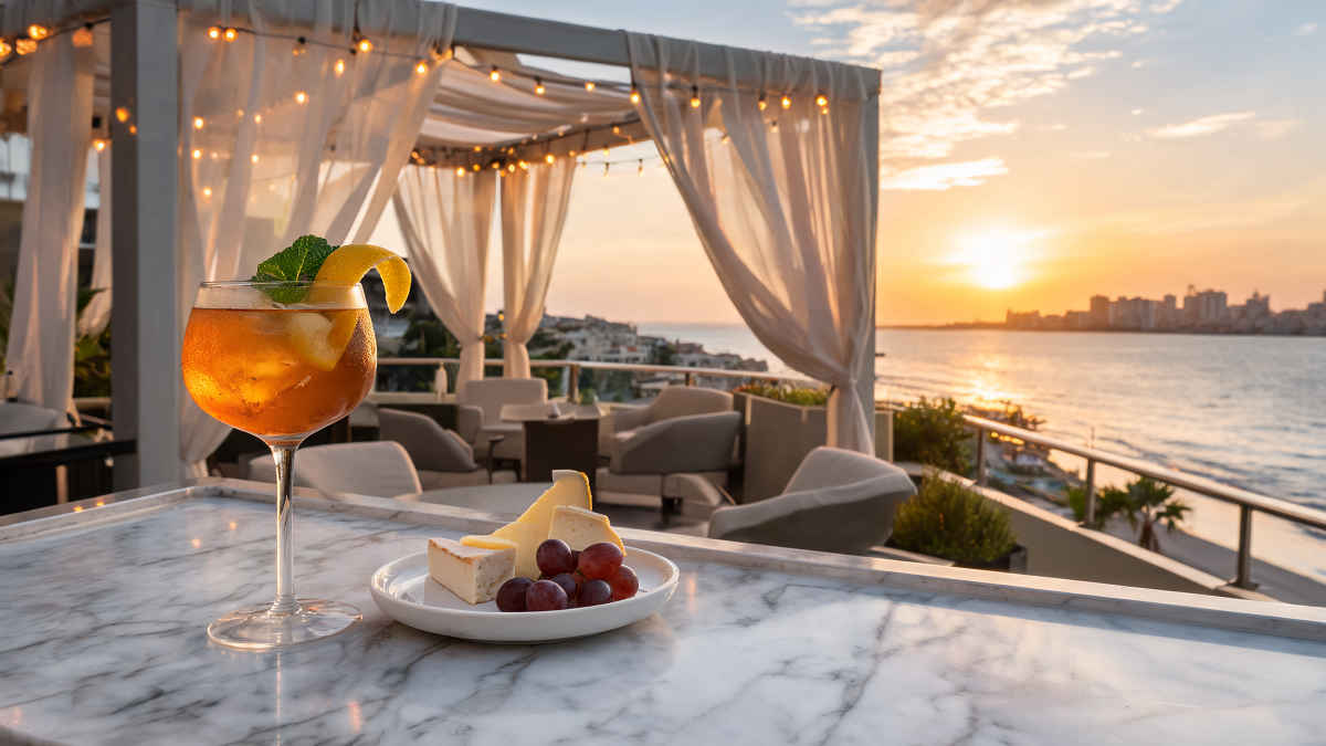 A craft cocktail and a small cheese plate on a Tel Aviv rooftop dairy lounge at sunset