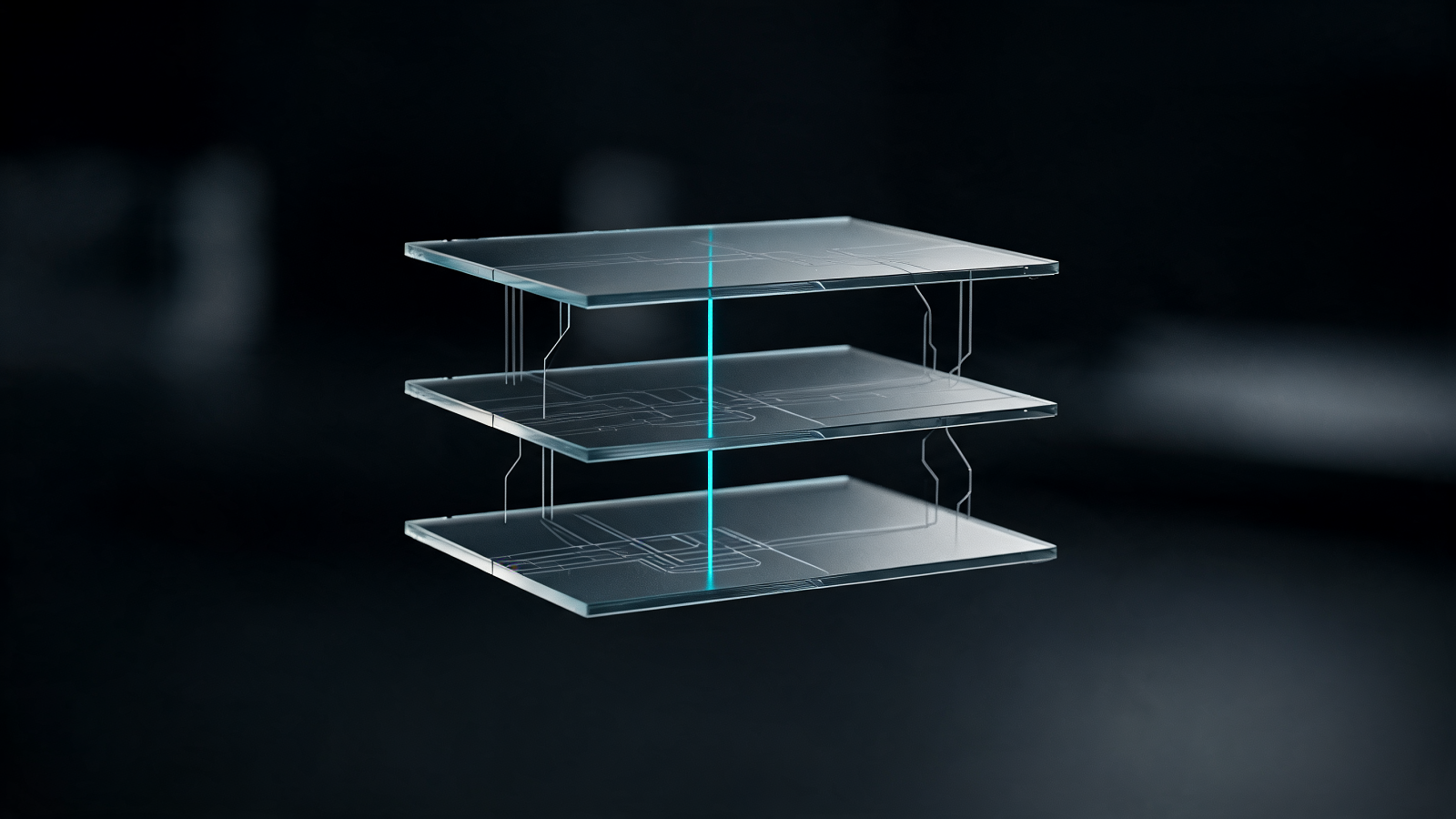Three stacked translucent settlement layers connected by luminous data lines