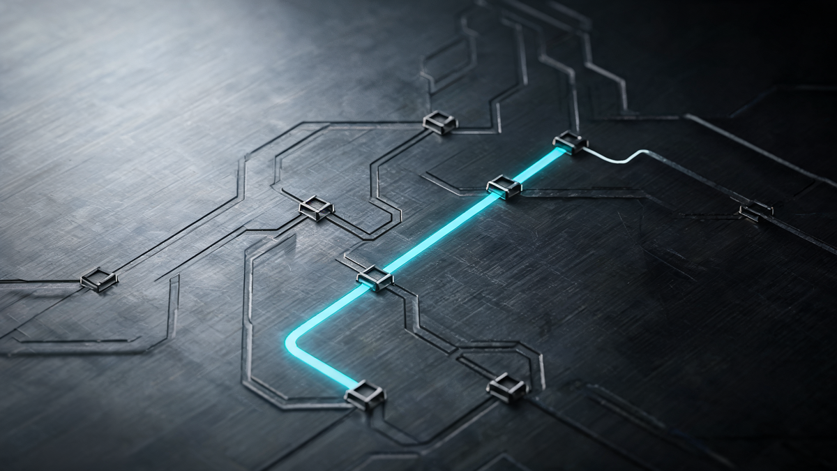 A single illuminated route branching through a series of gates, in graphite and steel