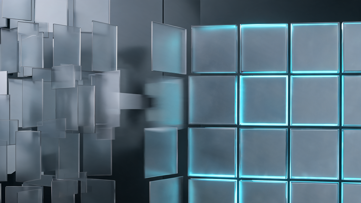 Translucent panels sliding from an old configuration into a new aligned grid