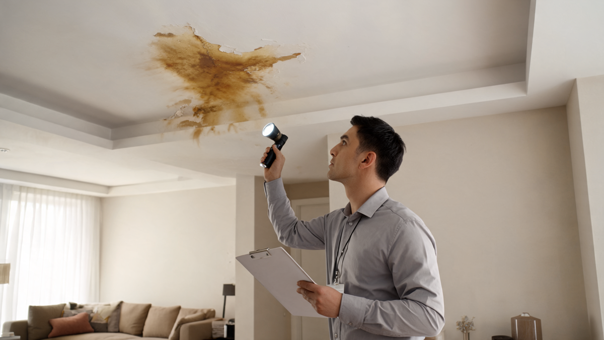 Expert inspectant un dégât des eaux au plafond d'un appartement