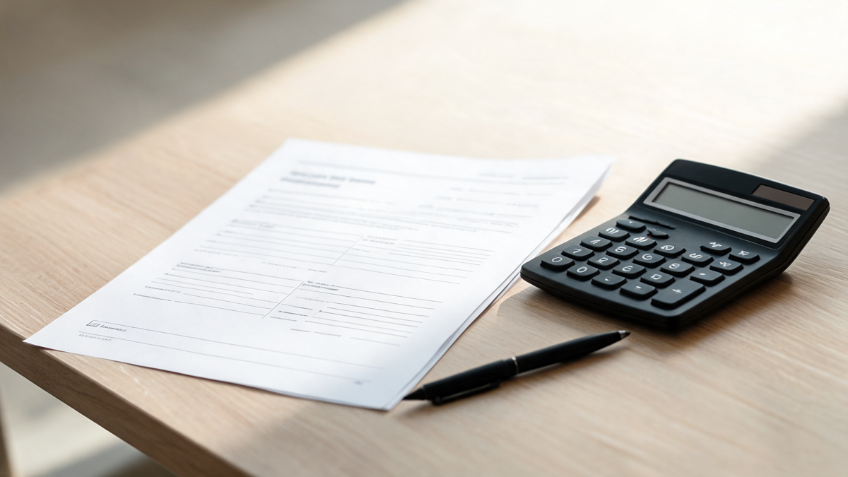 Contrat d'assurance habitation, calculatrice et stylo pour estimer prime et franchise